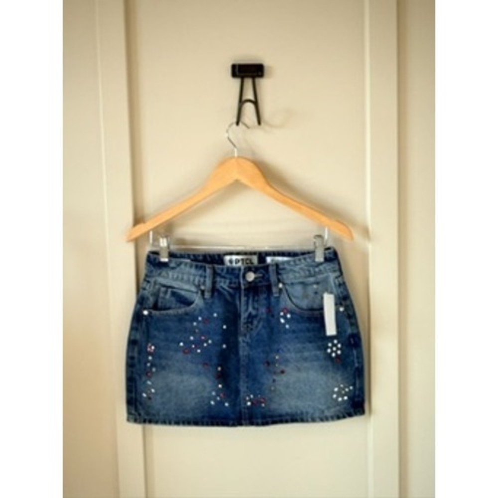 PTCL Womens Denim Mini Skirt Medium Wash Rhinestone Star 4th of July Blue XS NEW